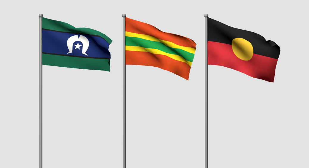 the torres strait islander, aboriginal, and thin green stripe flag all flying next to eachother