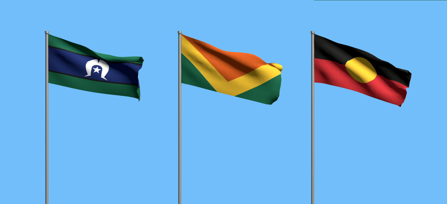 the golden boomerang flag flying alongside the aboriginal and tsi flags